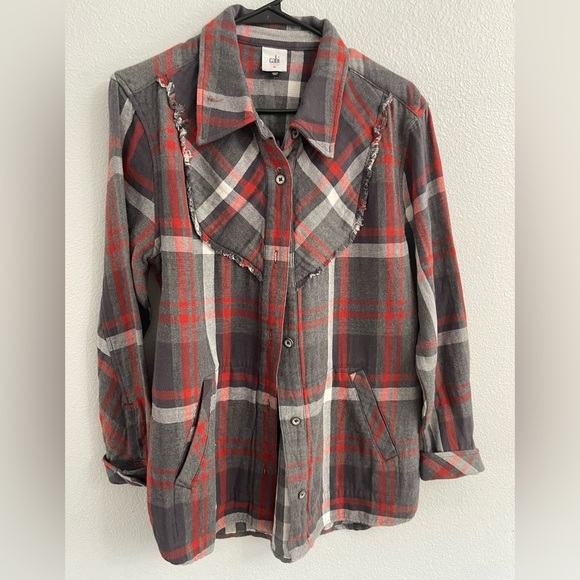 CAbi Tops - CAbi Plaid Tavern Shirt Fringe Detail Red Gray Size M